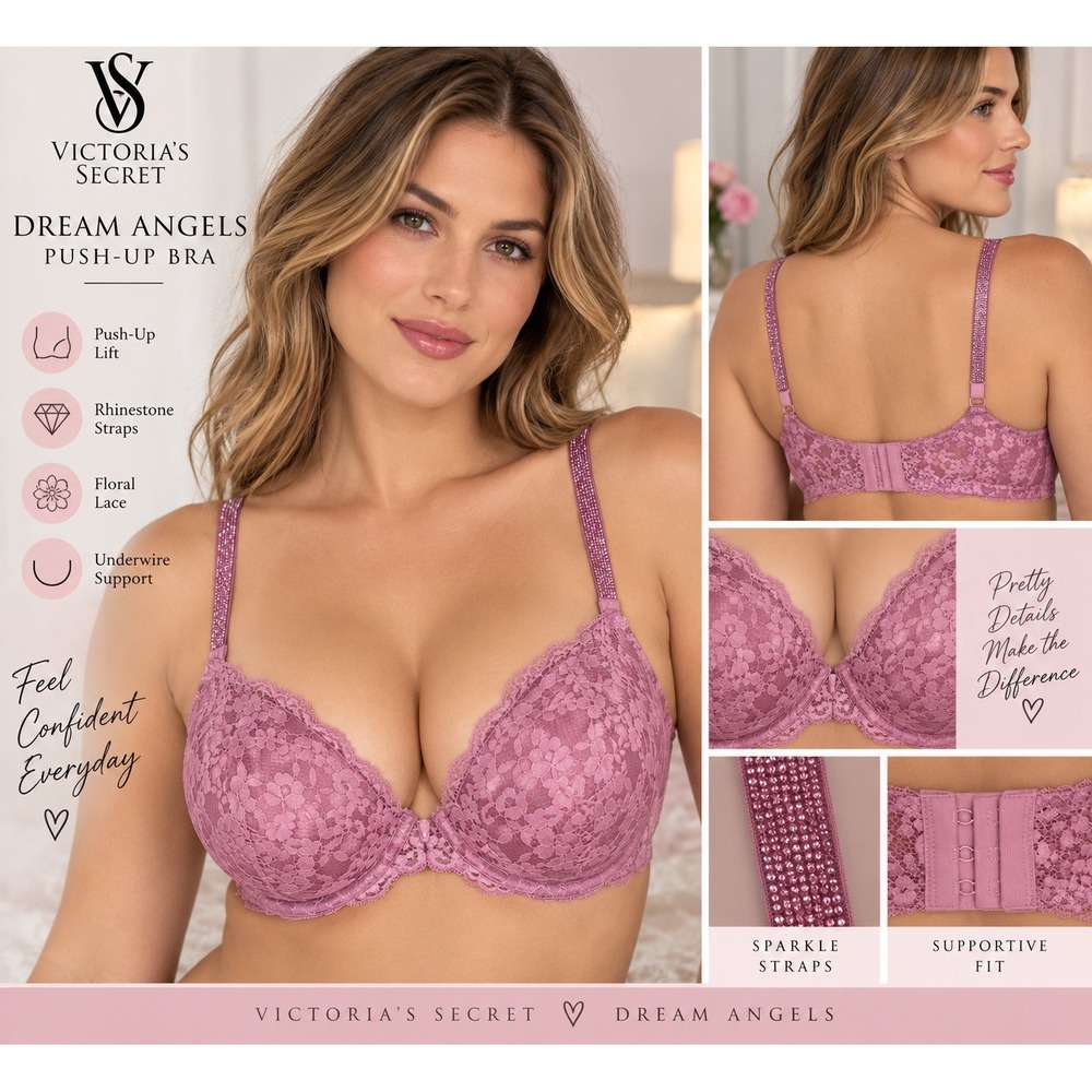 Victorias Secret Dream Angels Push Up Bra Pink Floral Lace Shine Strap 38DDD